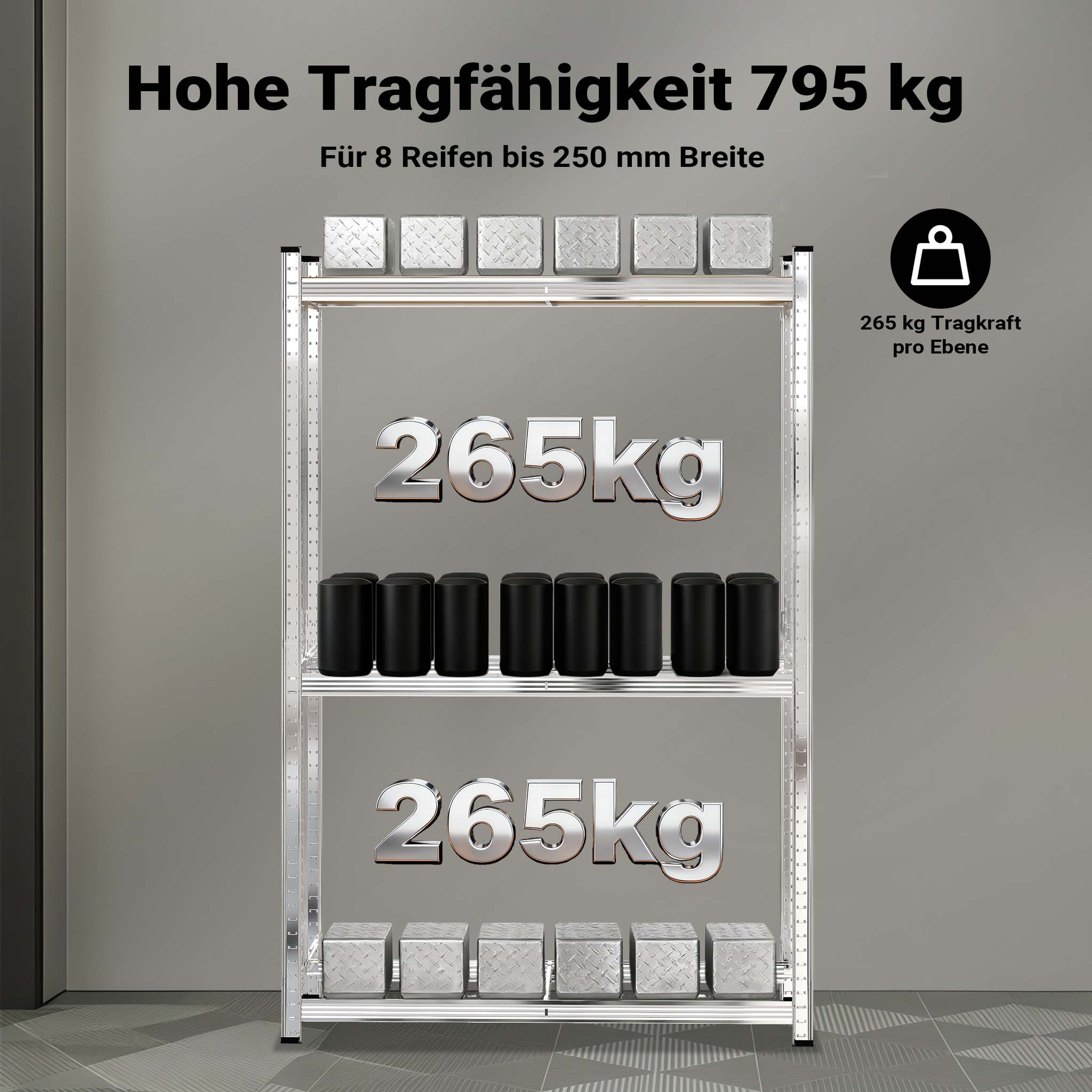 Scaffale portagomme fino a 795 kg 180x120x40cm per 8 pneumatici Per officina gommista
