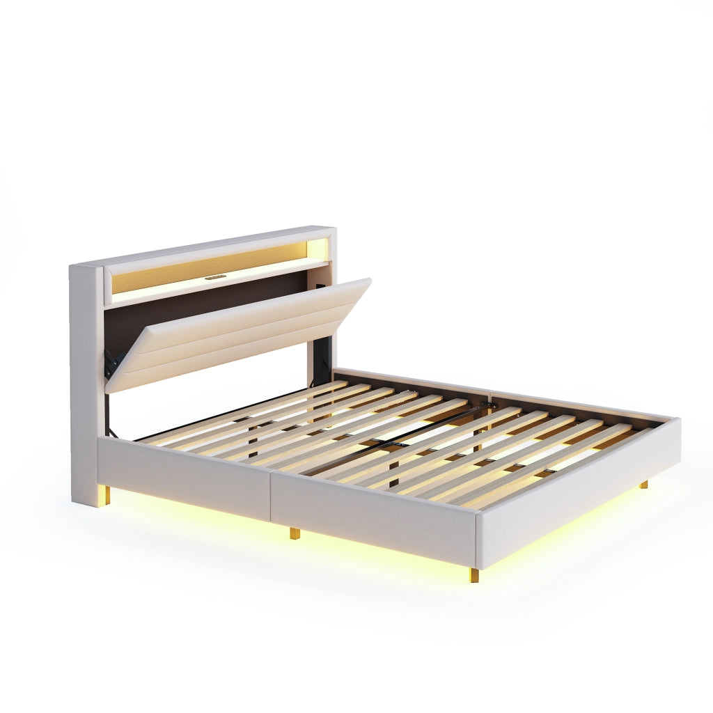 Letto imbottito matrimoniale 140x200 cm con USB, LED colorati, testiera reversibile e struttura in metallo, beige