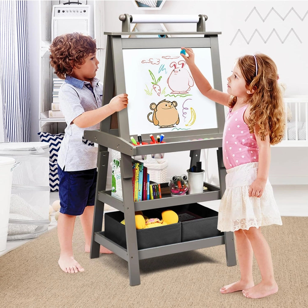 3 in 1 Cavalletto per Bambini con Doppia Faccia, Cavalletto per Disegno con 2 Vassoi e 2 Scatole, Lavagna Bambini in Legno (Grigio)