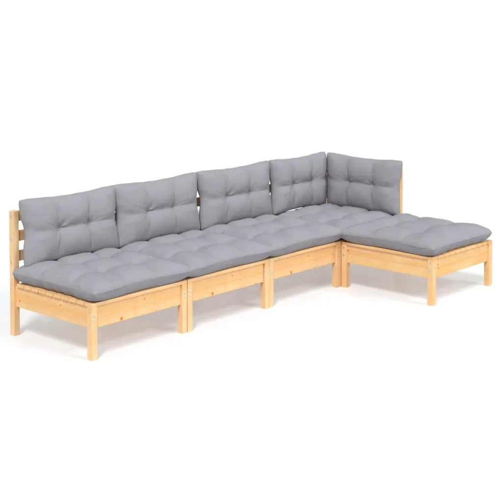 Set Divani da Giardino 5 pz | Set Salotto da Giardino con Cuscini Grigi Massello di Pino