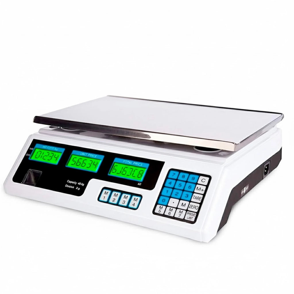Bilancia Elettronica Digitale Professionale Fino A 40 kg Con Piatto in Acciaio Inox Precisione 2 g Triplo Display Tara/Zero, Memorie Prezzo Elettrica o Batteria 34 x 33 x 11.3 cm Nero