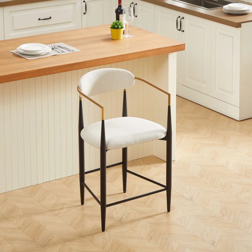 Set di 2 sgabelli da bar con braccioli; schienale e struttura nero oro in tessuto beige per cucina