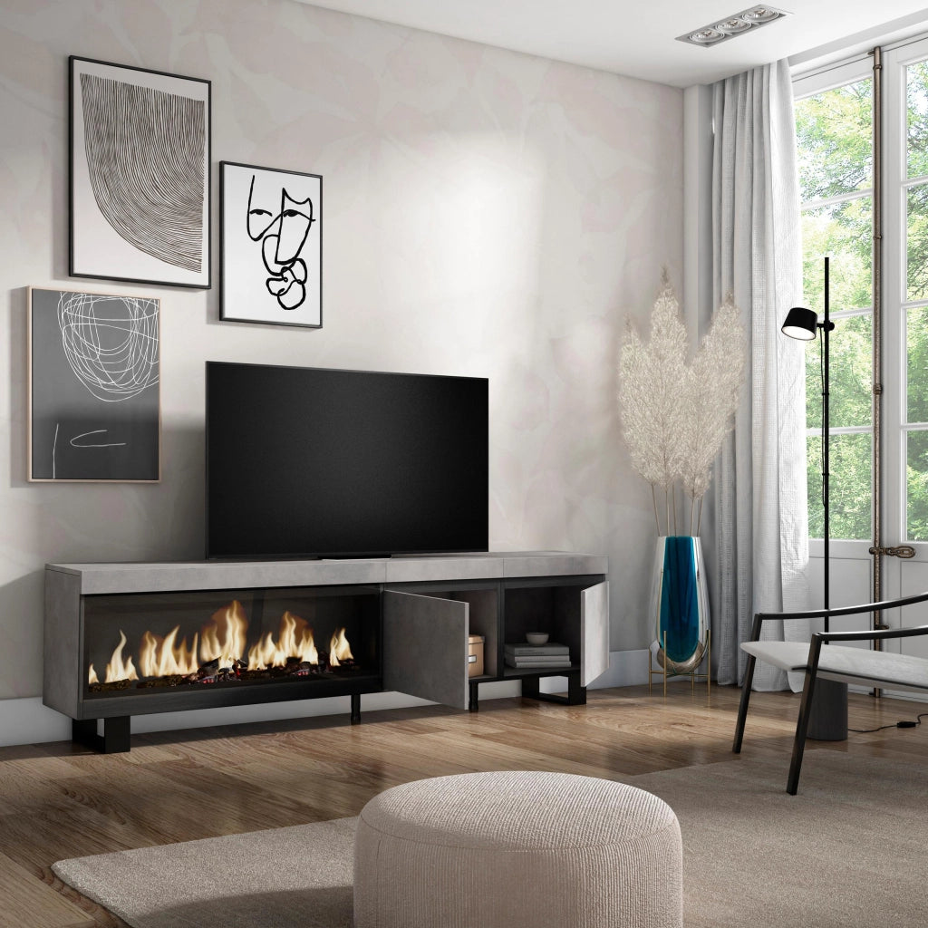 Mobile TV, Soggiorno, 208x35x57cm, Per TV fino a 80", Camino elettrico XXL, Design industriale, grigio cemento RF3205