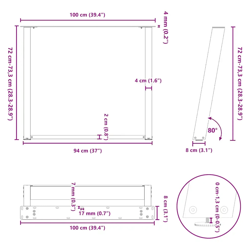 Gambe per tavolo da pranzo a forma di U 2 pz bianche 100x(72-73) cm in acciaio 4012805