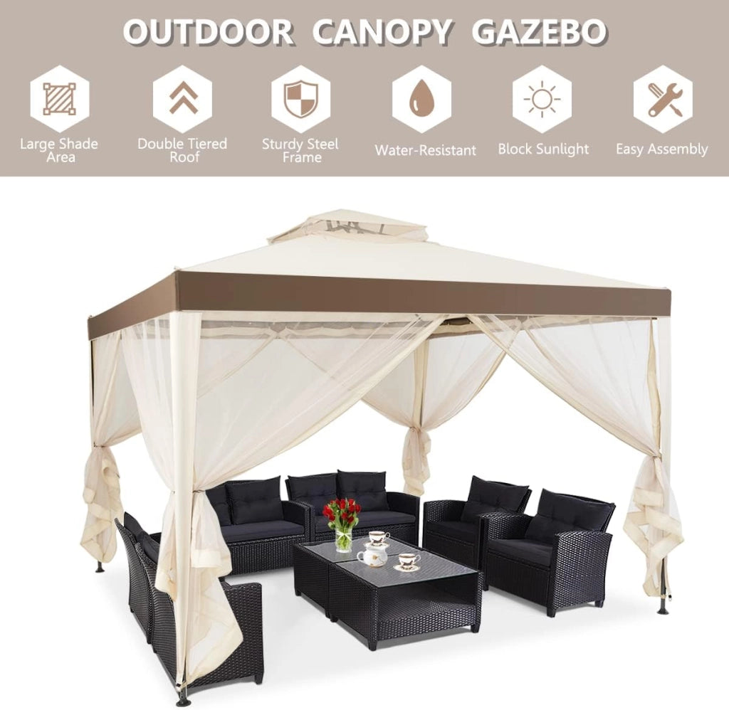 Gazebo da 3 x 3 m, con Doppio Tetto, Tenda da Giardino con Tenda e Pannelli Laterali e Rete, in Metallo, Tenda Gazebo da Esterno Impermeabile e Stabile, Beige