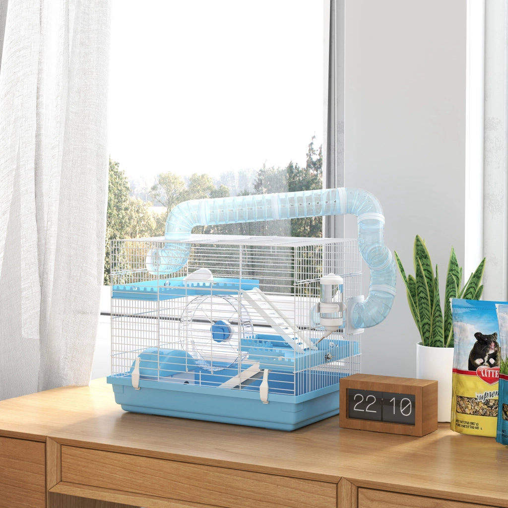 Gabbia per Criceti a 3 Piani con Casetta, Ruota e Accessori ¨C zephmum ¨C Azzurro