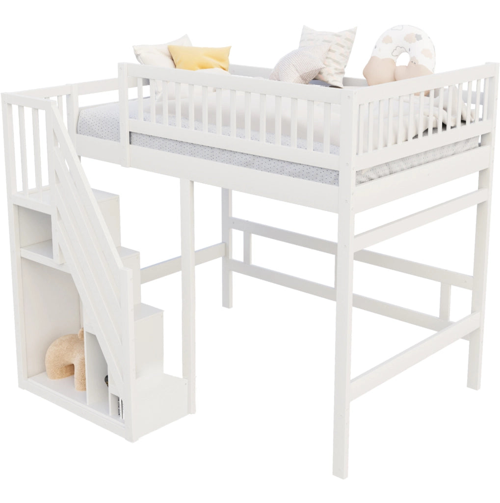 LETTO a soppalco 140x200 cm con scala contenitore, bianco, per bambini e ragazzi