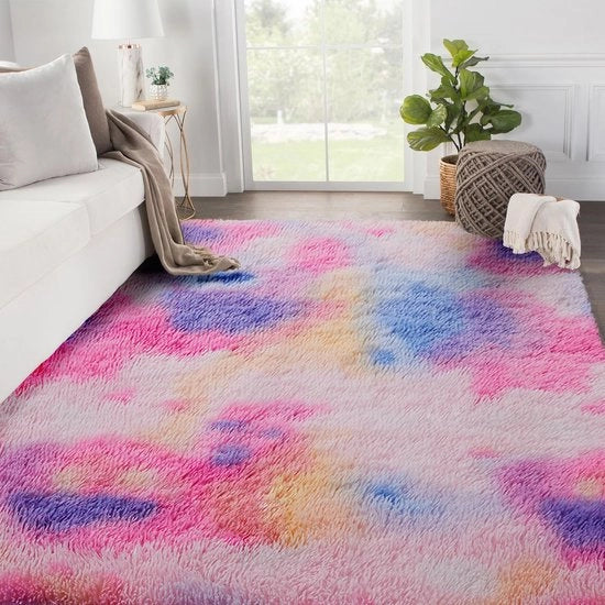 Tappeto per soggiorno di alta qualità, lavabile, antiscivolo e soffice, tappeto tie-dye per camera da letto e camera dei bambini, comodino, 90 x 150 cm, arcobaleno rosa