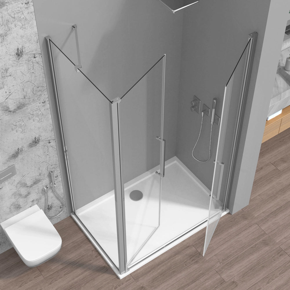 Box doccia angolare 90x90 con apertura saloon in vetro temperato trasparente con profili cromati Neos