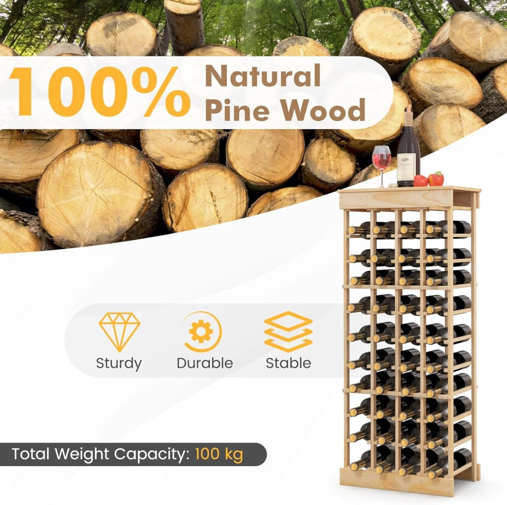 Portabottiglie per Vino in Legno, Scaffale da Terra a 10 Livelli per 40 Bottiglie, Catinetta in Legno di Pino con Struttura Stabile, Ideale per Cucina, Bar, 47 x 28 x 113 cm, Naturale