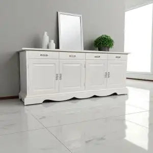 Credenza madia Alberta in legno 4 ante bugnate bianco anticato con zocolo sagomato
