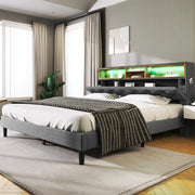 Letto matrimoniale imbottito grigio 140x200 cm con testiera contenitore e LED