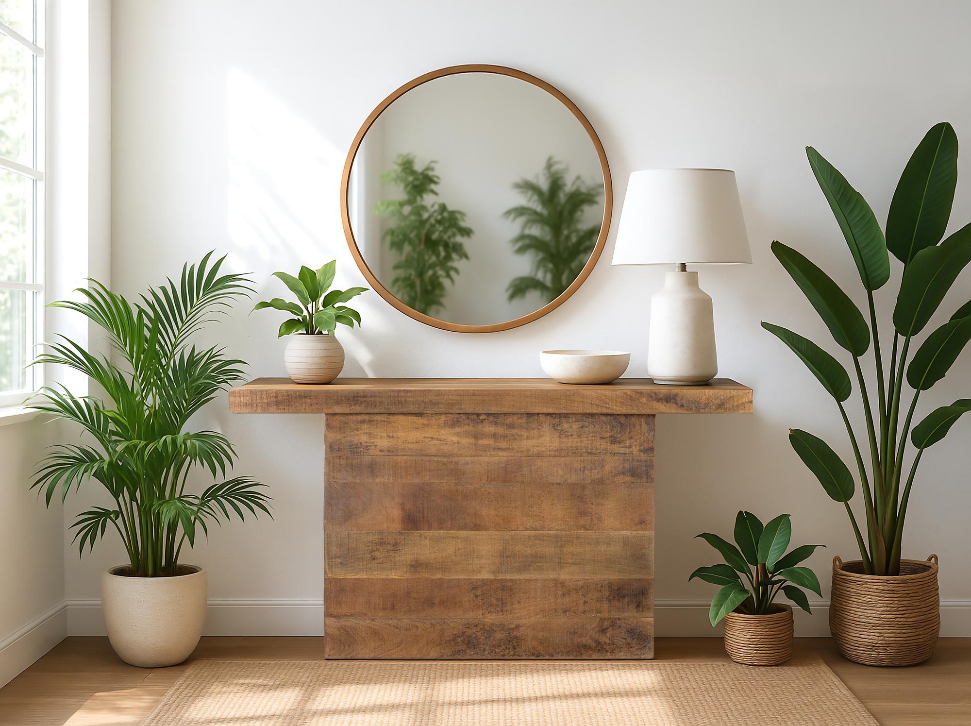 Tavolo consolle in legno di mango con base a piedistallo