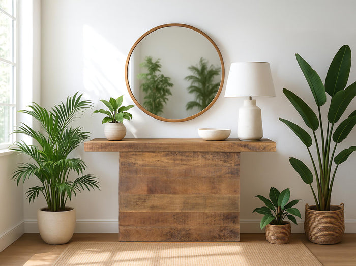 Tavolo consolle in legno di mango con base a piedistallo