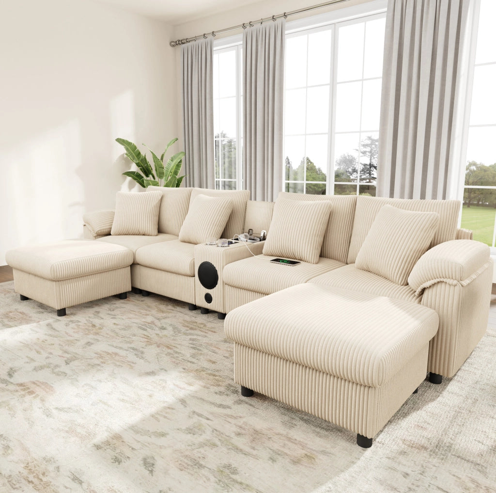 Sofa modulare con Bluetooth; ricarica wireless; USB e Type-C; contenitore; beige