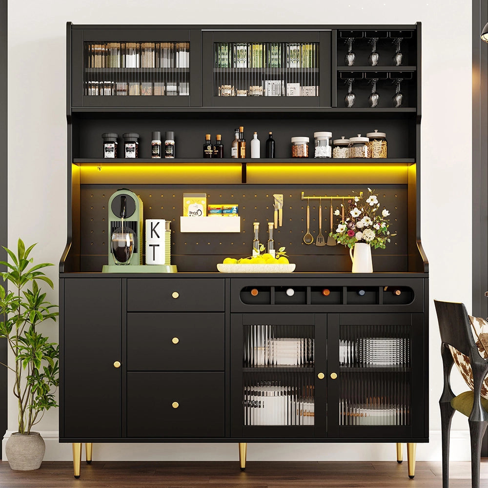 Armadio alto per soggiorno - Xylo - 145¡Á39¡Á171 cm - Nero - Ripiani regolabili, illuminazione LED, cassetto porta bottiglie