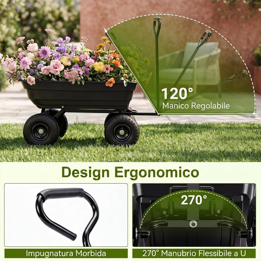 Carrello da Giardino 75 L Portata 300 kg, Carriola da Giardino Ribaltabile con 4 Ruote Pneumatiche, Manico Regolabile e Impugnatura Morbida, Carriola da Muratore da Esterno