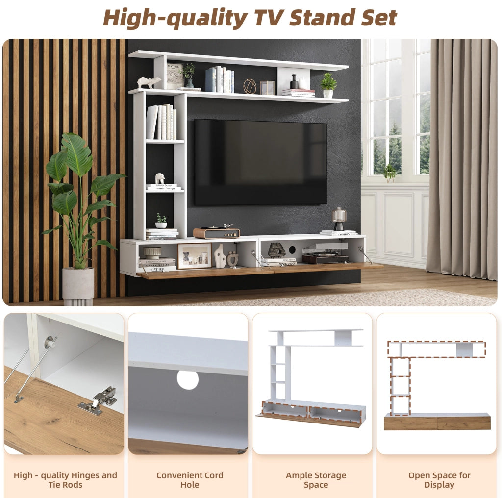 Set mobile TV con 2 ante e vani aperti; 180 cm; bianco e rovere