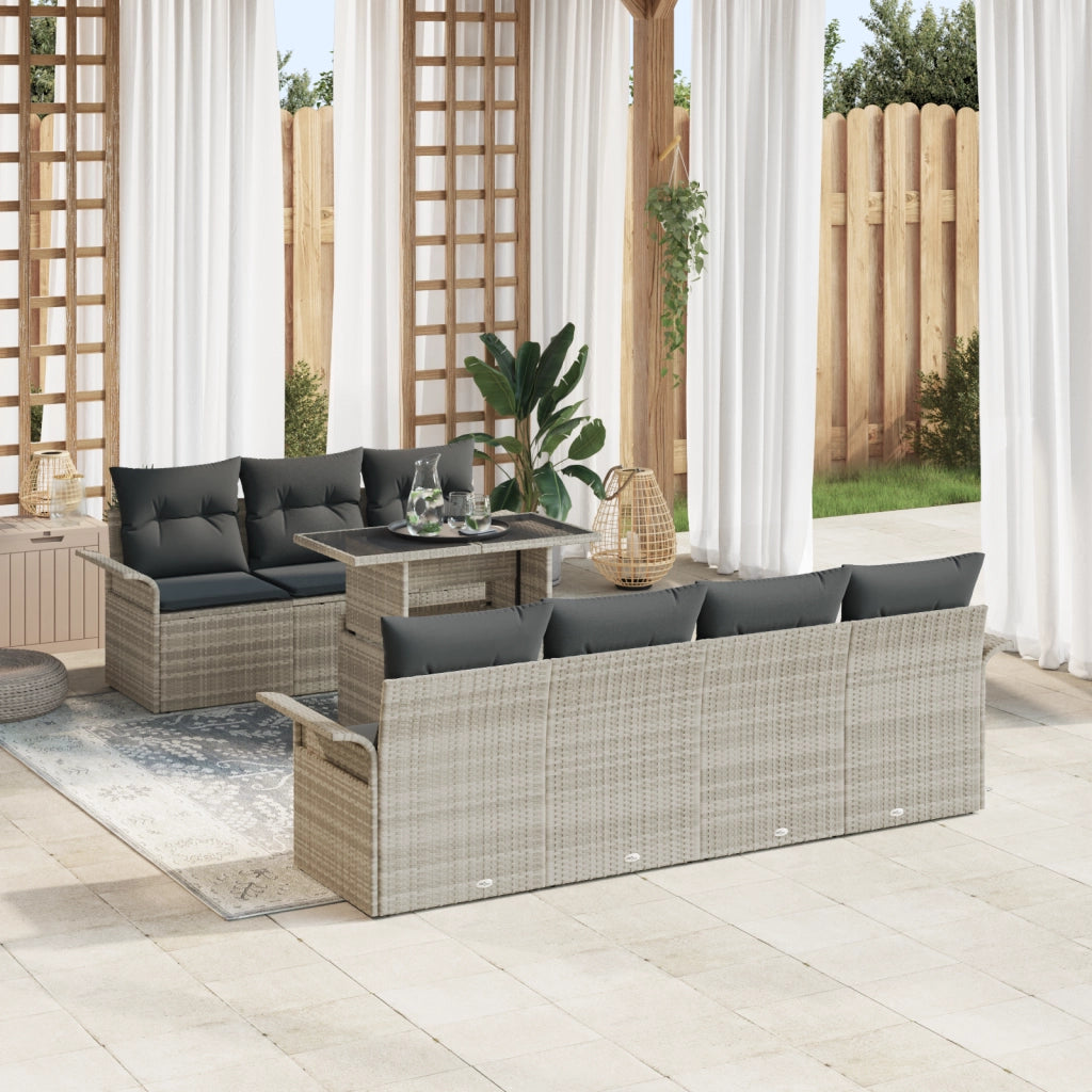 Set di Divani da Giardino in 8 Pezzi con Cuscini Grigio Chiaro in Polyrattan