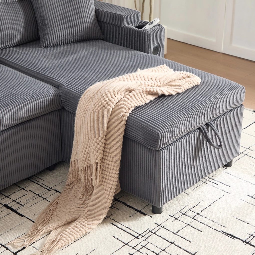 Divano letto 212.5x136x86 cm con penisola idraulica; letto estraibile in corduroy grigio carbone