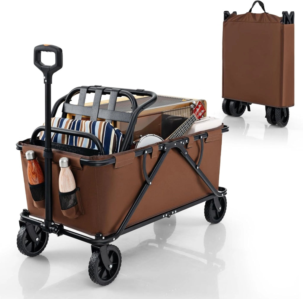 Carrello da Spiaggia Pieghevole 170 L, Carrello con Ruote Portatutto con Maniglia Regolabile e 360° Ruote, Portabottiglie e Tasca Portaoggetti, Carretto Giardino per Campeggio (Grigio)