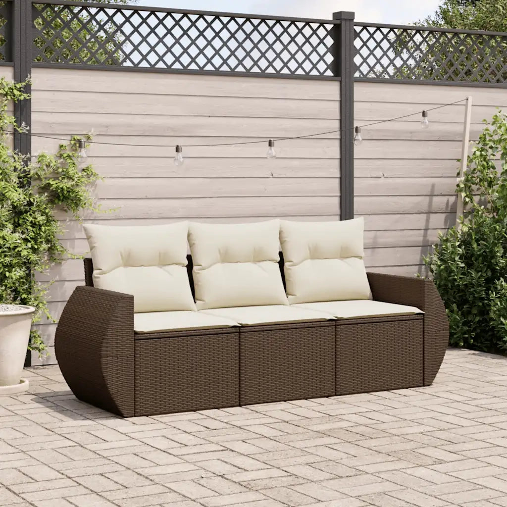 Set Divano da Giardino 3 pz | Set Salotto da Giardino con Cuscini Marrone in Polyrattan