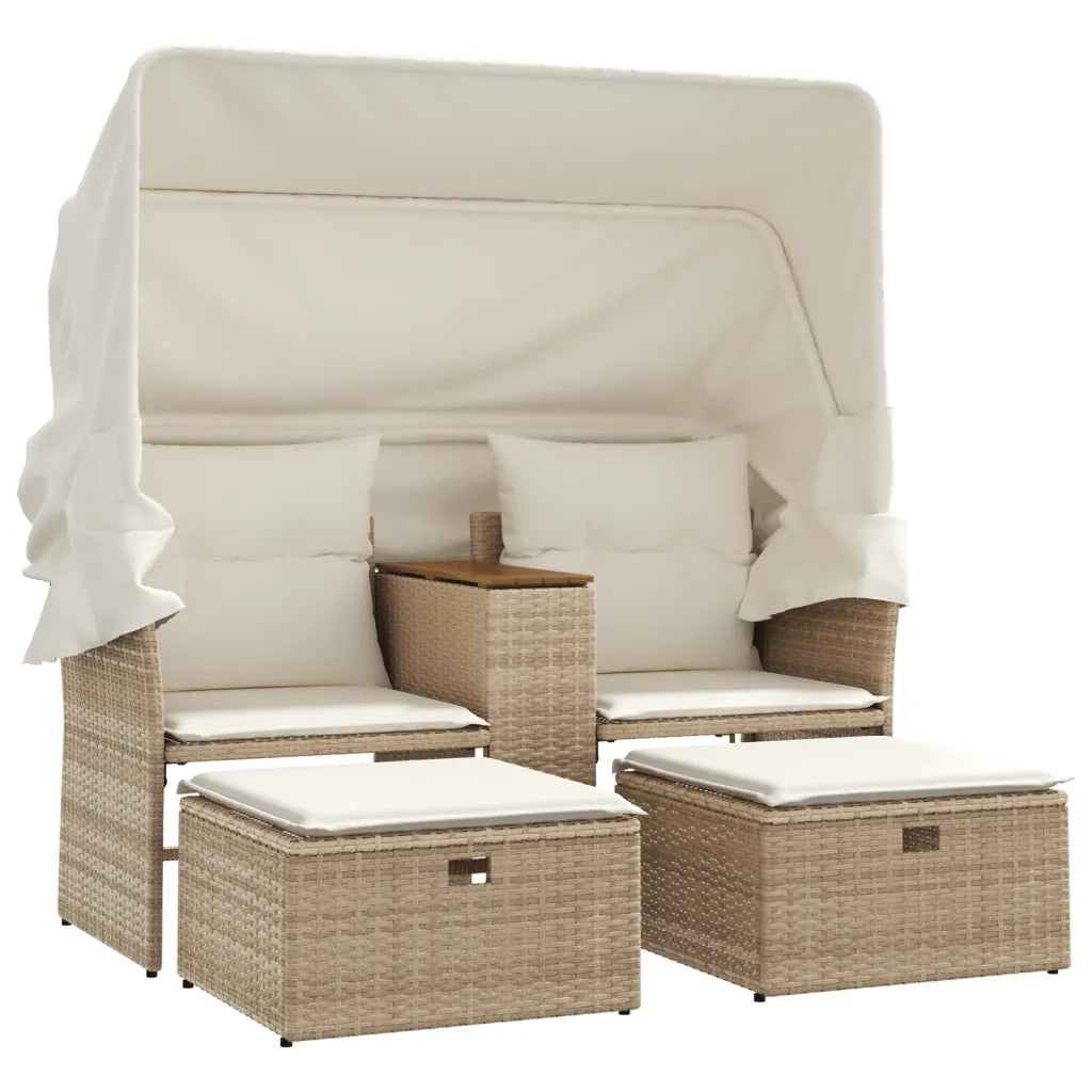 Divano Giardino 2 Posti Baldacchino e Sgabelli Beige Polyrattan 365802