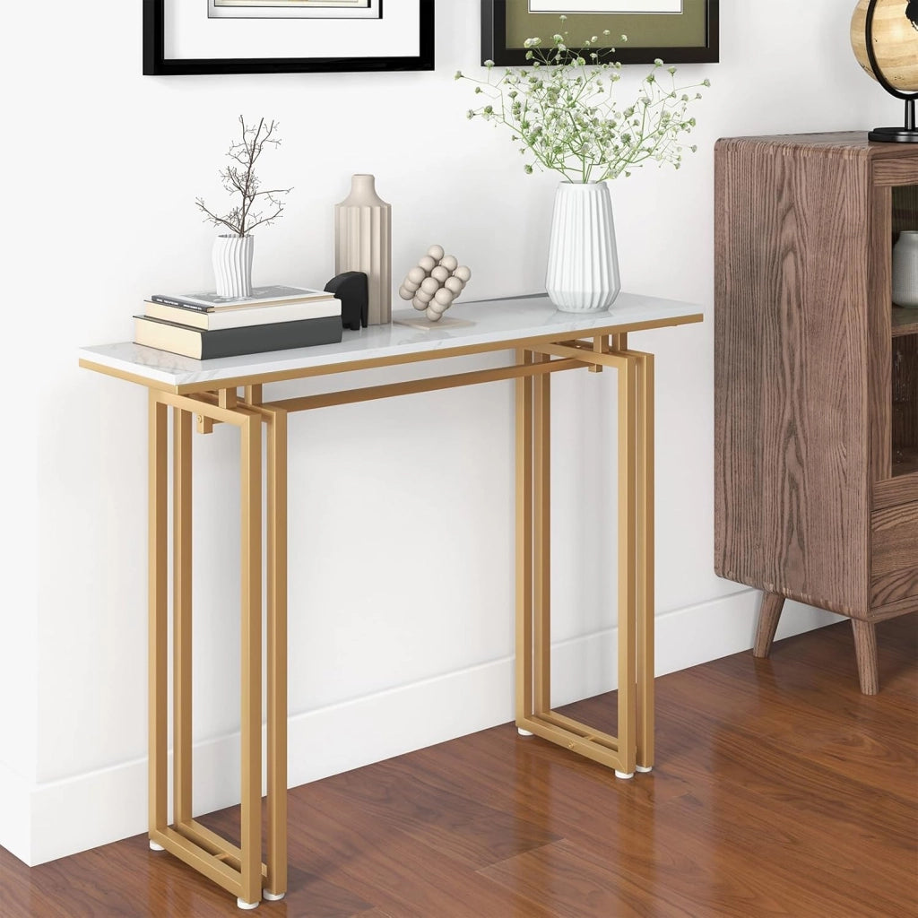 Tavolo Consolle 110cm, Tavolo da Ingresso con Piano in Finto Marmo, Struttura in Metallo e Poggiapiedi Regolabili, Tavolino da Divano Moderno per Salotto, Corridoio e Ingresso (Oro)