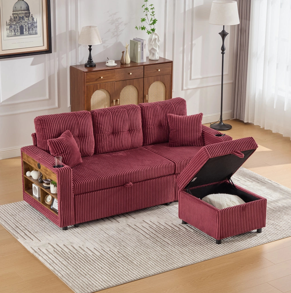 Divano letto 196x82-144x85 cm con contenitore; USB-C; LED e braccioli con portabicchieri in corduroy vinaccia