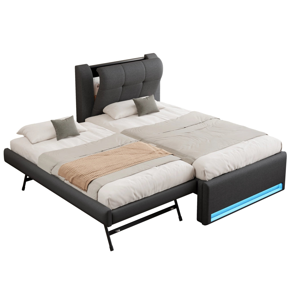 Letto imbottito 90x200 cm con letto estraibile - Zephmum - Grigio, illuminazione LED