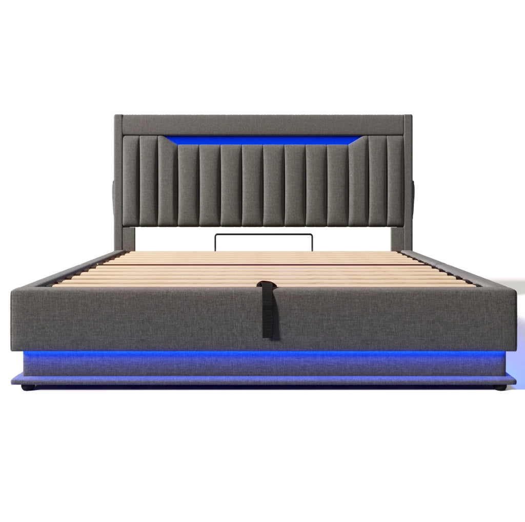 Letto matrimoniale con contenitore 140x190 cm in lino grigio; testiera con LED; USB e Type-C