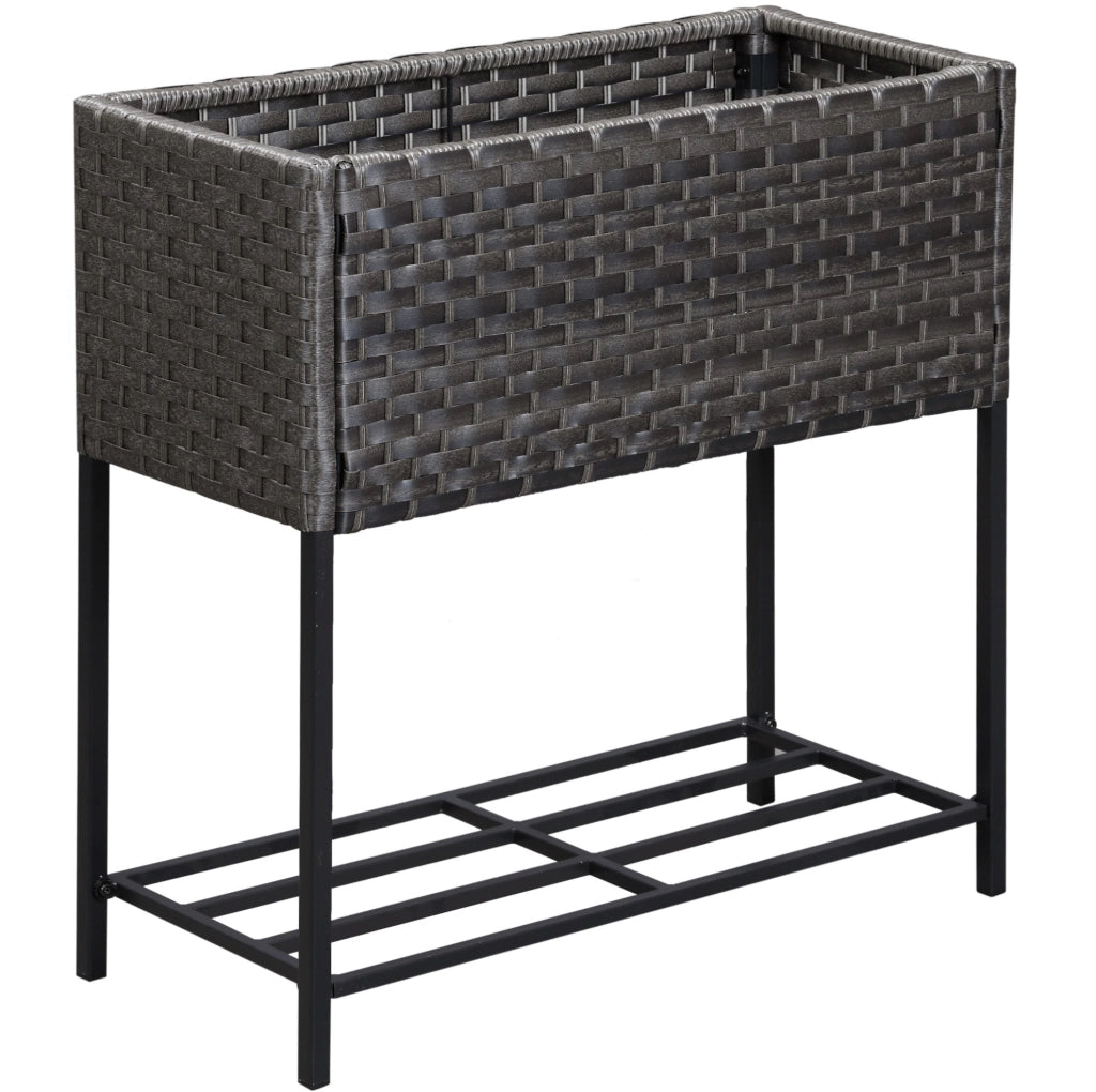 Fioriera rialzata marrone in rattan sintetico con ripiano