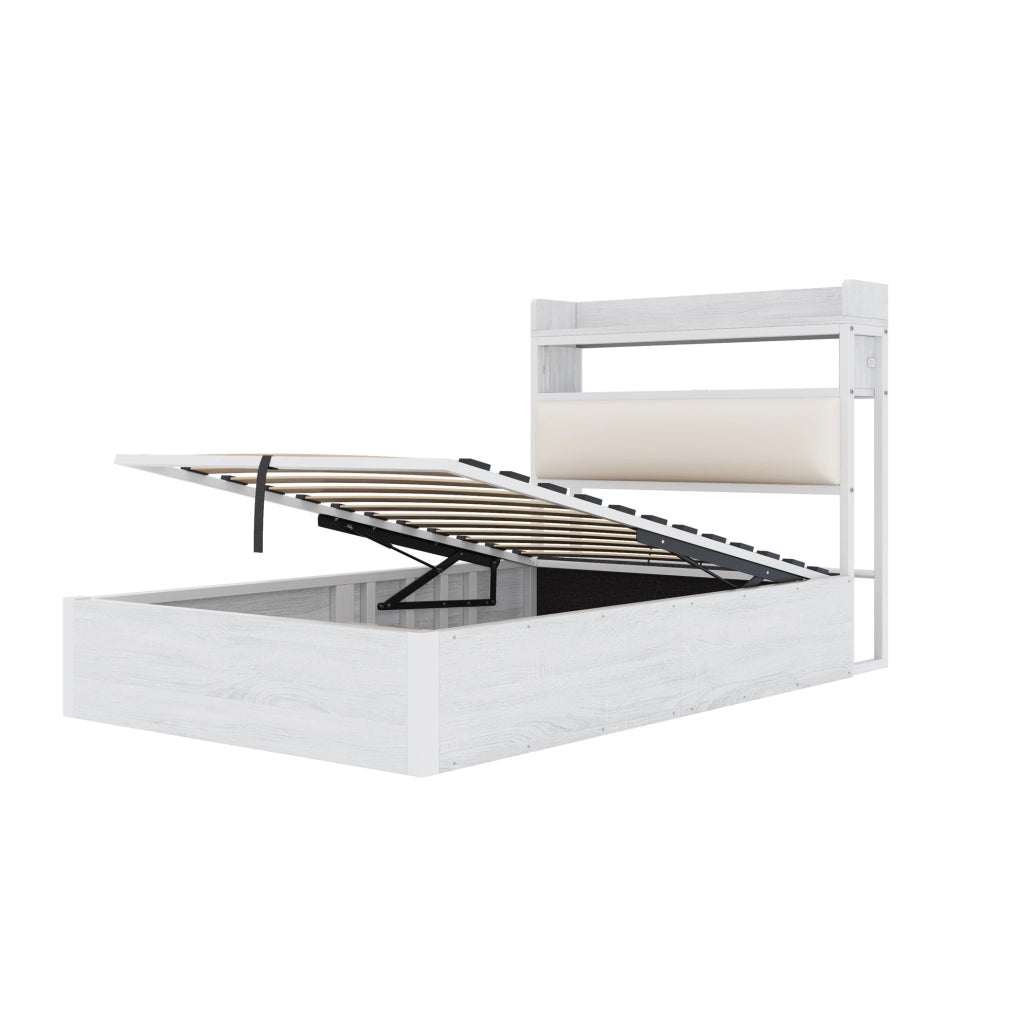 Letto 90x200 cm con contenitore idraulico e USB; testiera con vano in metallo; legno e tessuto bianco
