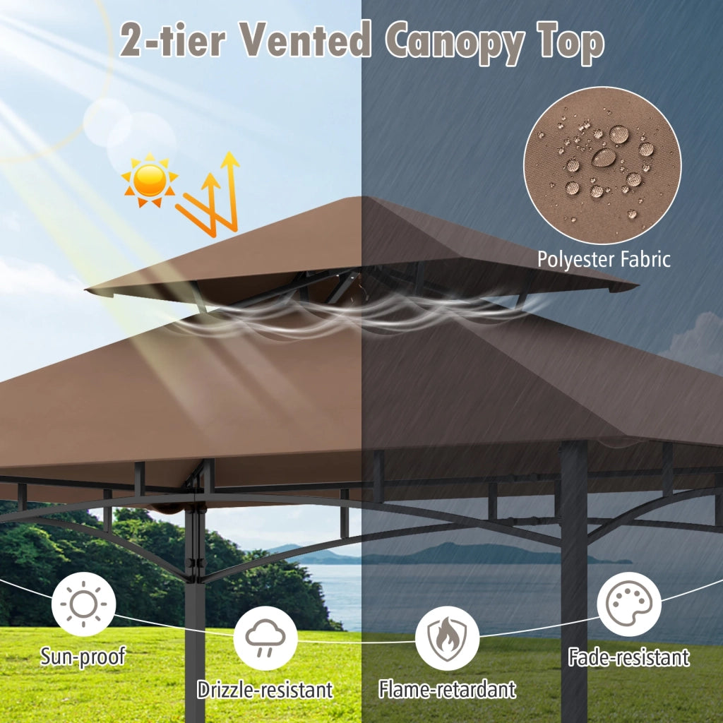 Gazebo per Barbecue da Giardino 8 x 5 Feet Marrone con 2 Ripiani Laterali e Ganci Resistente per Esterno