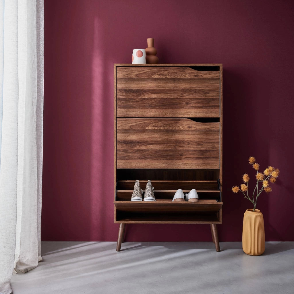 Scarpiera con decoro in legno, 3 ante, noce