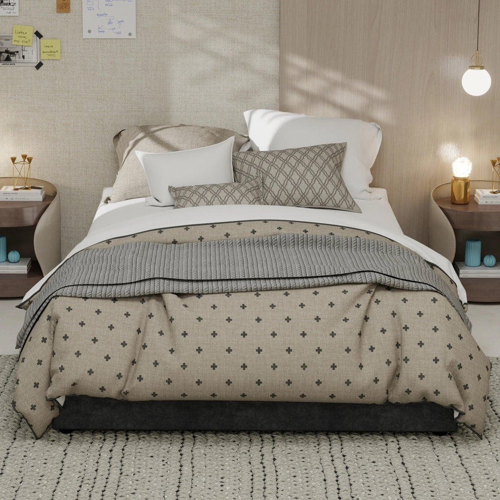 Letto Matrimoniale 140x200 cm; con Testiera Geometrica in Tessuto e Metallo Grigio