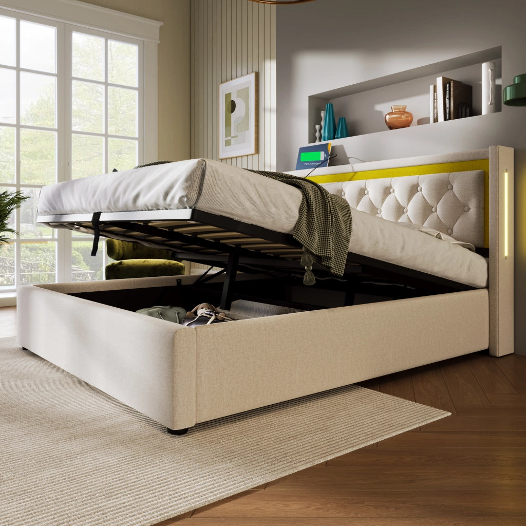 Letto Contenitore Letto Matrimoniale 140 x 200 cm con LED Regolabile; 2 USB; 2 Tipo C e Vano; senza Materasso
