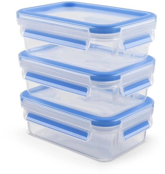 Set di contenitori Clip & Close rettangolari, 3 x 0,55 L, contenitore di archiviazione, 100% impermeabile, resistente a lavastoviglie, congelatore e forno a microonde, trasparente, blu