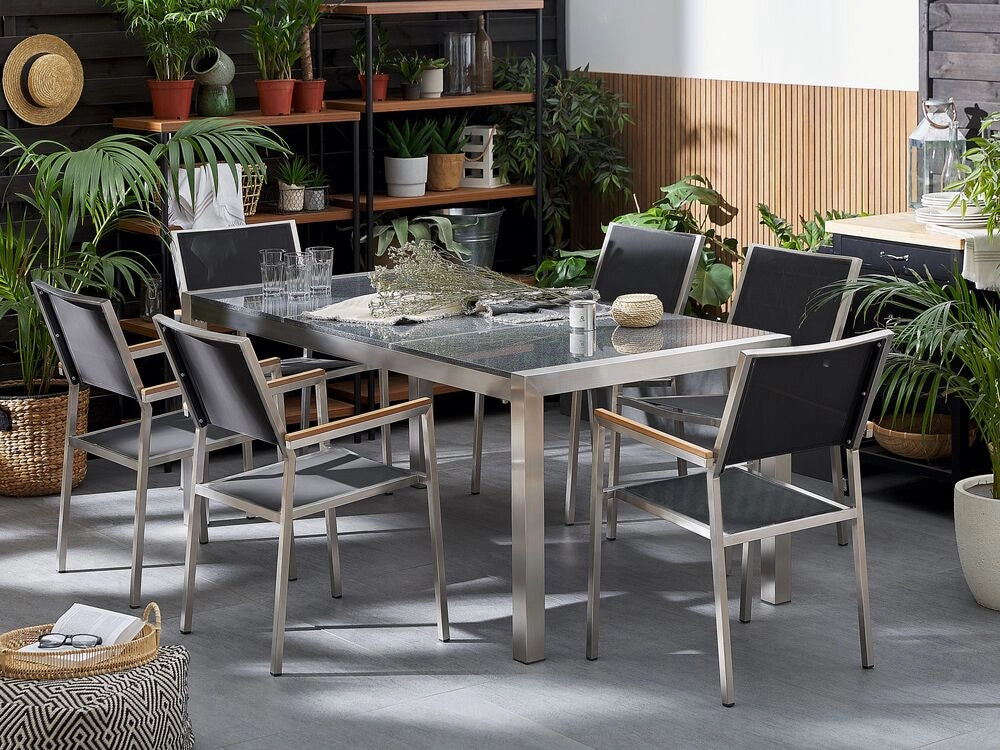 Set da pranzo da giardino Nero con piano in granito grigio 6 posti 180 x 90 cm