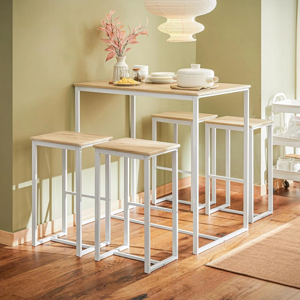 Penisola da Cucina con 4 Sgabelli Tavolo da Bar Alto con Set da 5 Pezzi per Cucina e Sala da Pranzo, Salvaspazio per Cucine Piccole, Balcone o Giardino Finitura Legno 100x60x96 cm OGT15‑WN