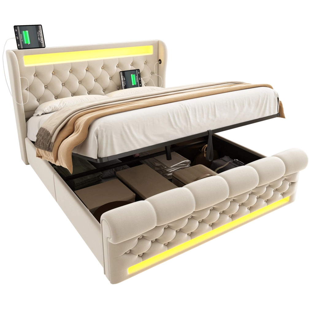 Letto matrimoniale imbottito 140x200 cm in velluto beige con LED; contenitore e USB