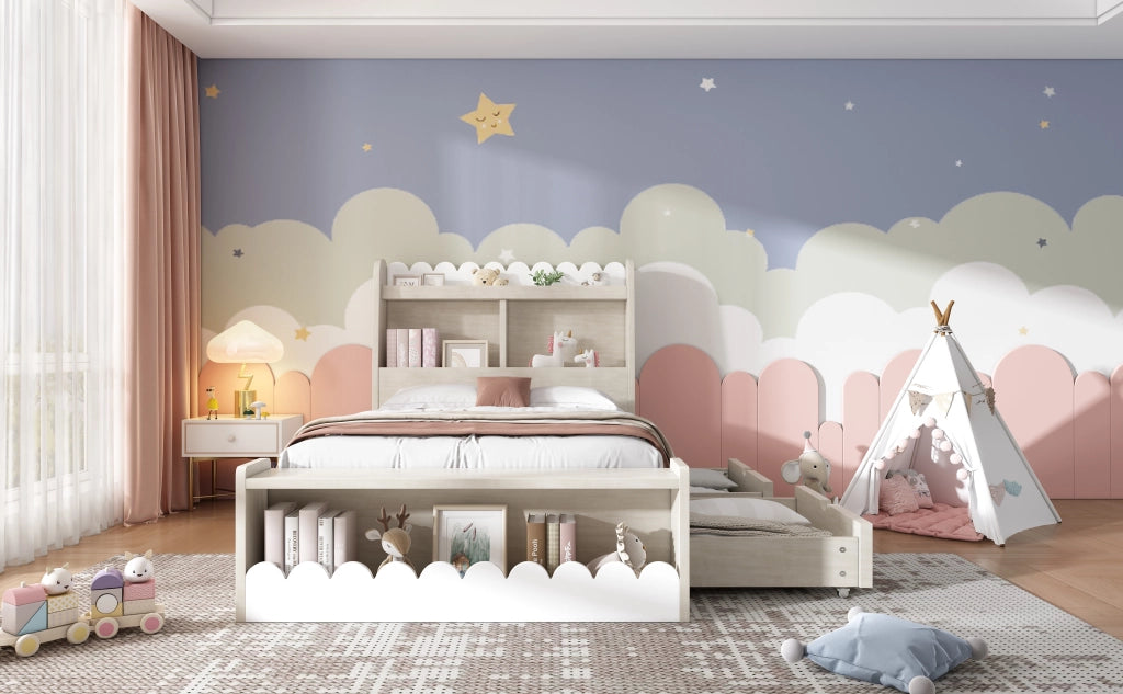 DESMIU Letto singolo per bambini con 2 cassetti, ripiani e panca contenitore 90 × 200 cm, senza materasso