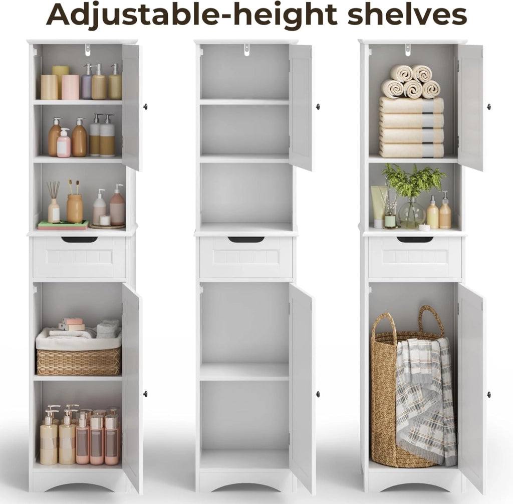 Mobiletto da Bagno Alto con Ripiani Regolabili, Cassetto, Scomparto Aperto, Porte Magnetiche e Protezione Antiribaltamento – 170 x 40 x 30 cm (Bianco)