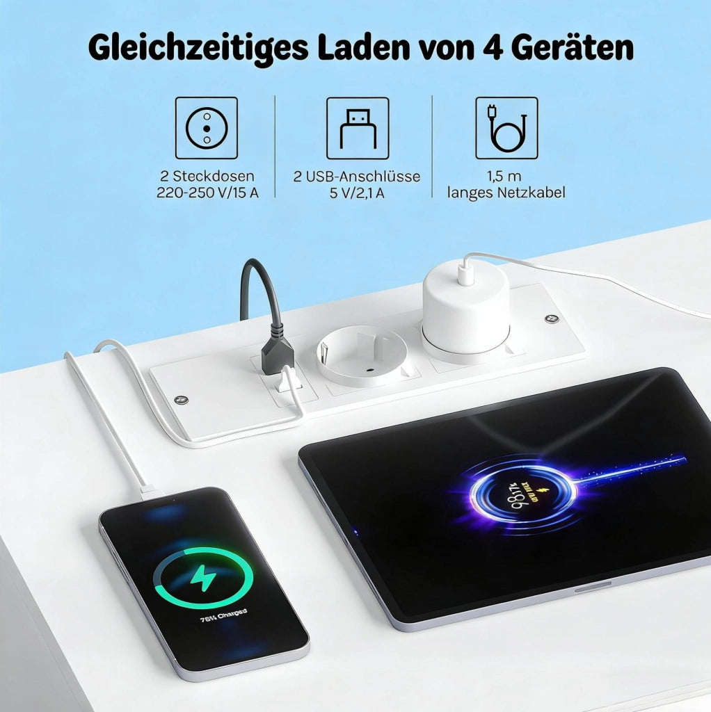 Comodino con luce a LED e prese integrate, set da 2