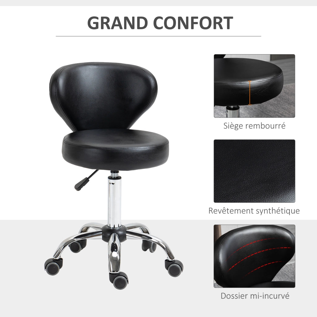 Sgabello da lavoro girevole 360¡ã con rotelle - Xylo - altezza regolabile 49-64 cm, schienale ergonomico, nero