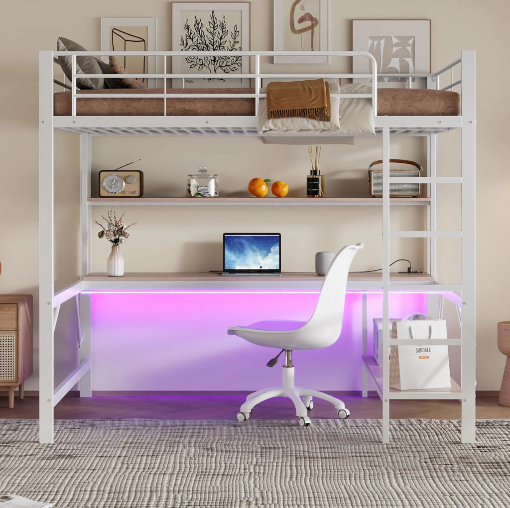 Letto a soppalco 140x200 cm con LED; scala e scrivania in metallo e MDF bianco