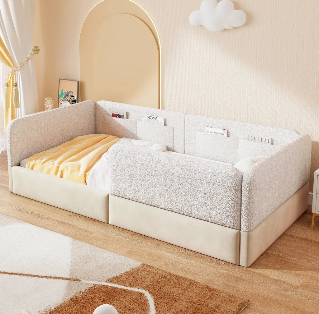 Letto a piattaforma imbottito 90x200 cm con sponde protettive e tasche portaoggetti, bianco