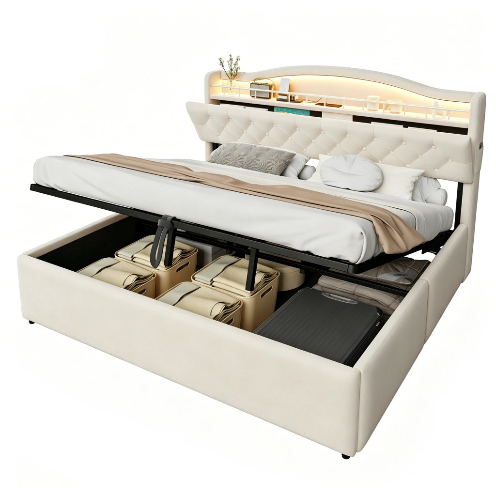 Letto imbottito 180 x 200 cm con contenitore; sollevamento idraulico e LED; beige