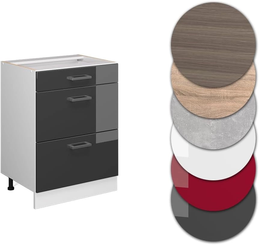 Mobiletto base per cucina R-Line, Antracite lucido, 60 cm con cassetti, senza piano di lavoro, per la libera combinazione all'interno di sistemi cucina modulari