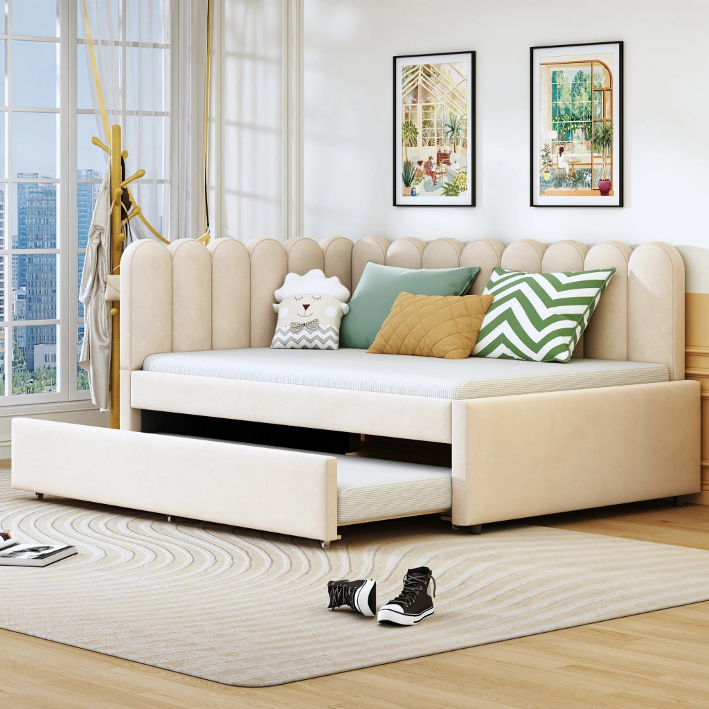 OKWISH Letto Divano 140×200 cm, Letto Matrimoniale con Letto Estraibile e Schienale a Petali, senza Materasso, in Velluto, Beige